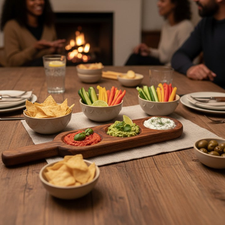 Premium Acacia Wood Triple Dip & Condiment Serving Platter