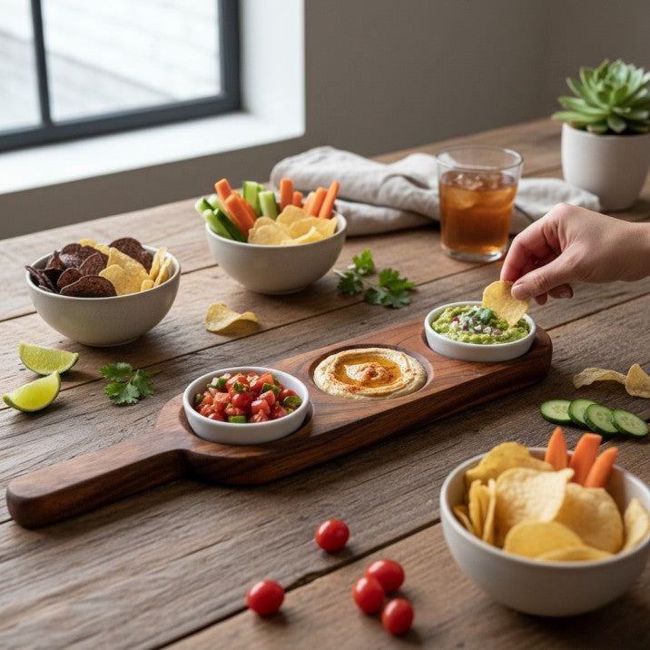 Premium Acacia Wood Triple Dip & Condiment Serving Platter