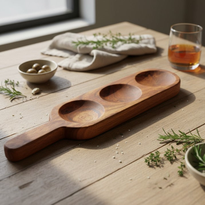 Premium Acacia Wood Triple Dip & Condiment Serving Platter