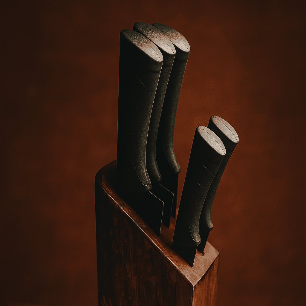 Set of knives in a wooden block on a brown background