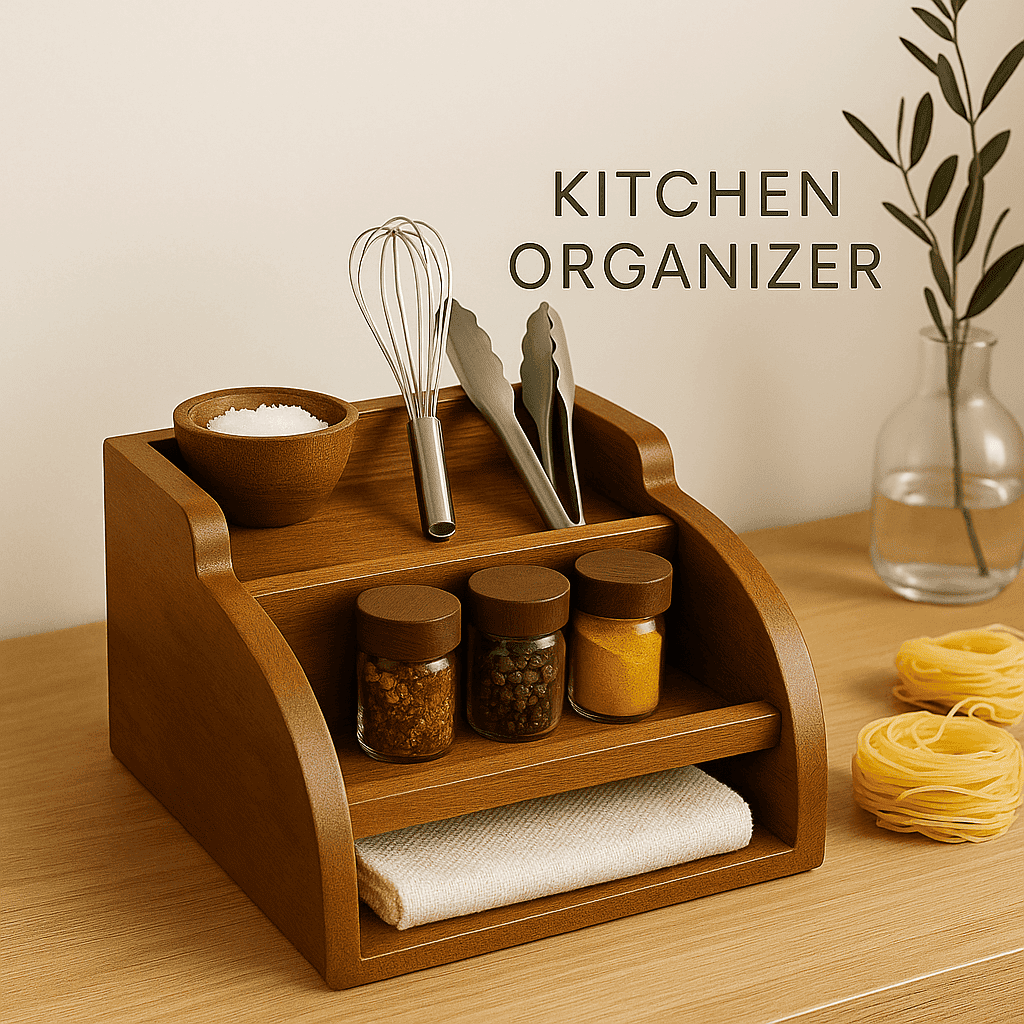 Wooden kitchen organizer with utensils and jars on a wooden surface.