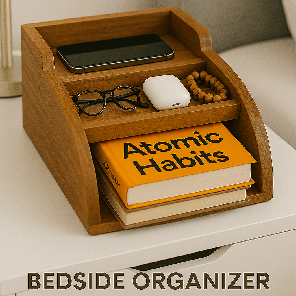 Wooden bedside organizer with books, phone, and glasses on a nightstand.