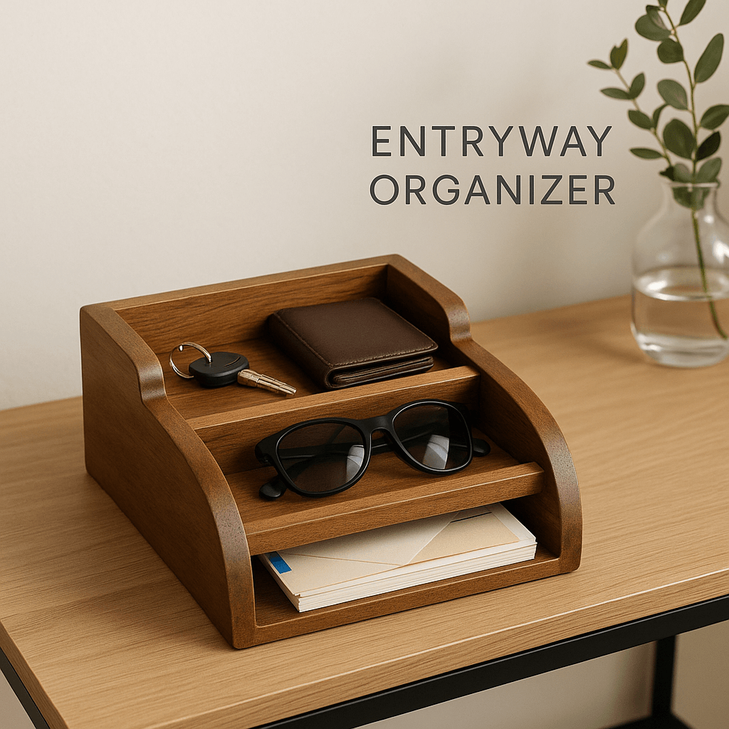 Wooden entryway organizer on a table with a wallet, keys, and sunglasses.