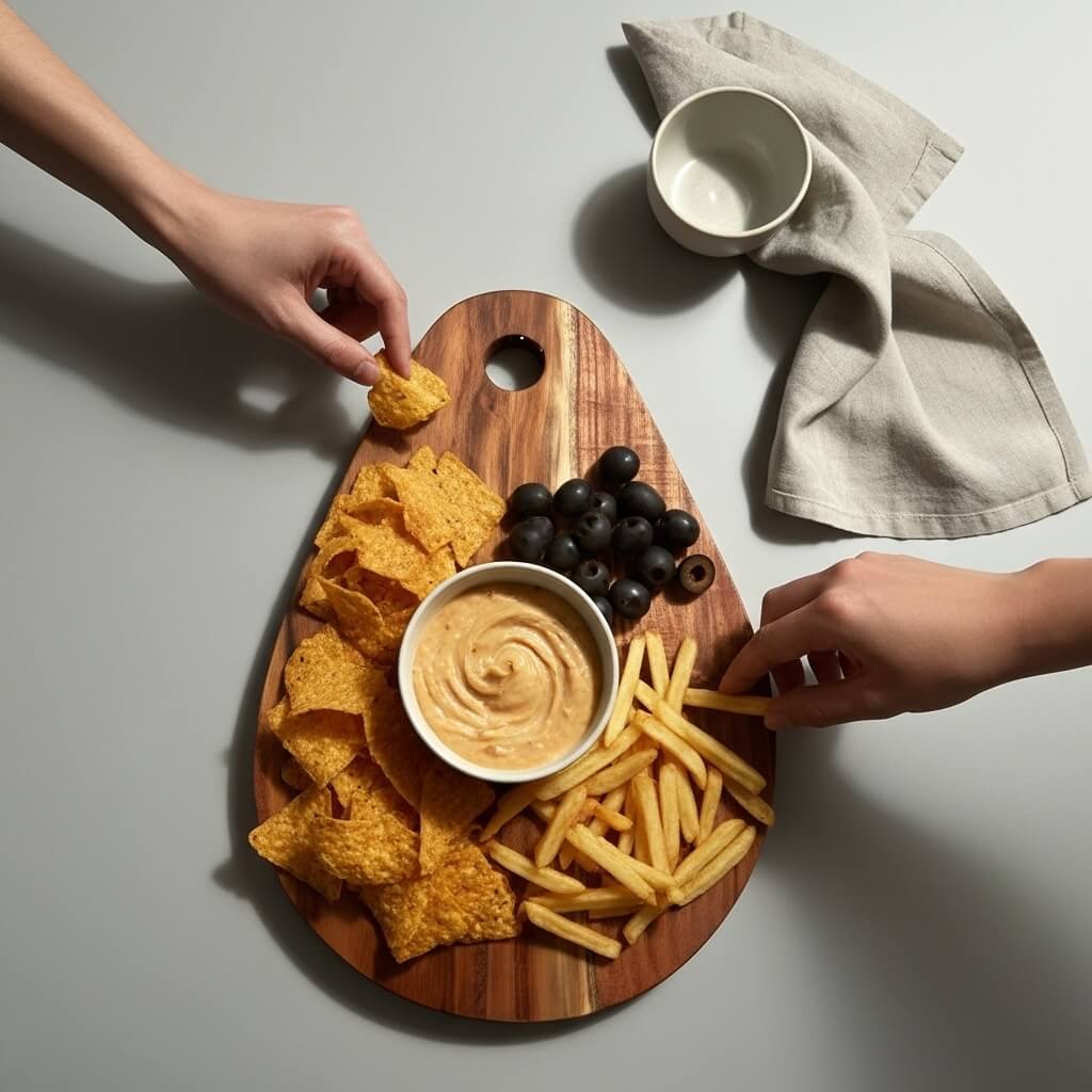 Wooden platter with chips, fries, grapes, and dip on a gray surface.