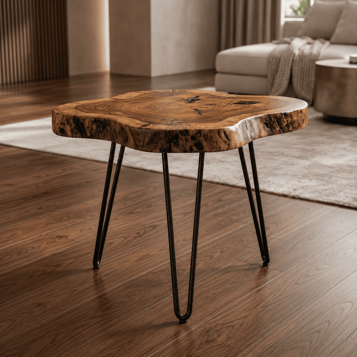 Wooden coffee table with black metal legs in a living room setting