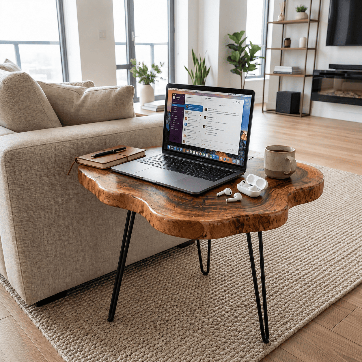 Laptop on a wooden coffee table in a living room with a couch and decor.