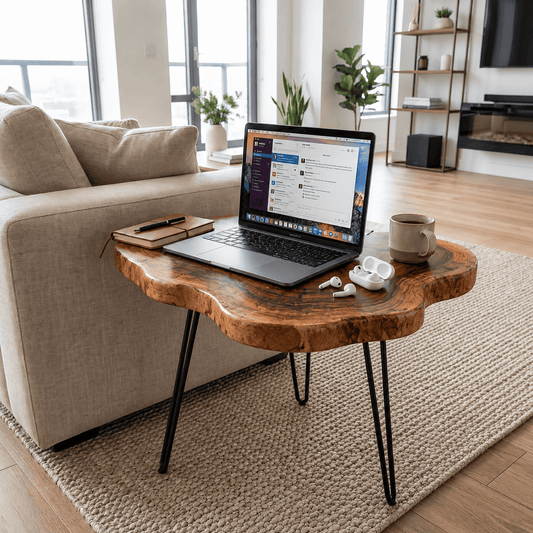 Laptop on a wooden coffee table in a living room with a couch and decor.