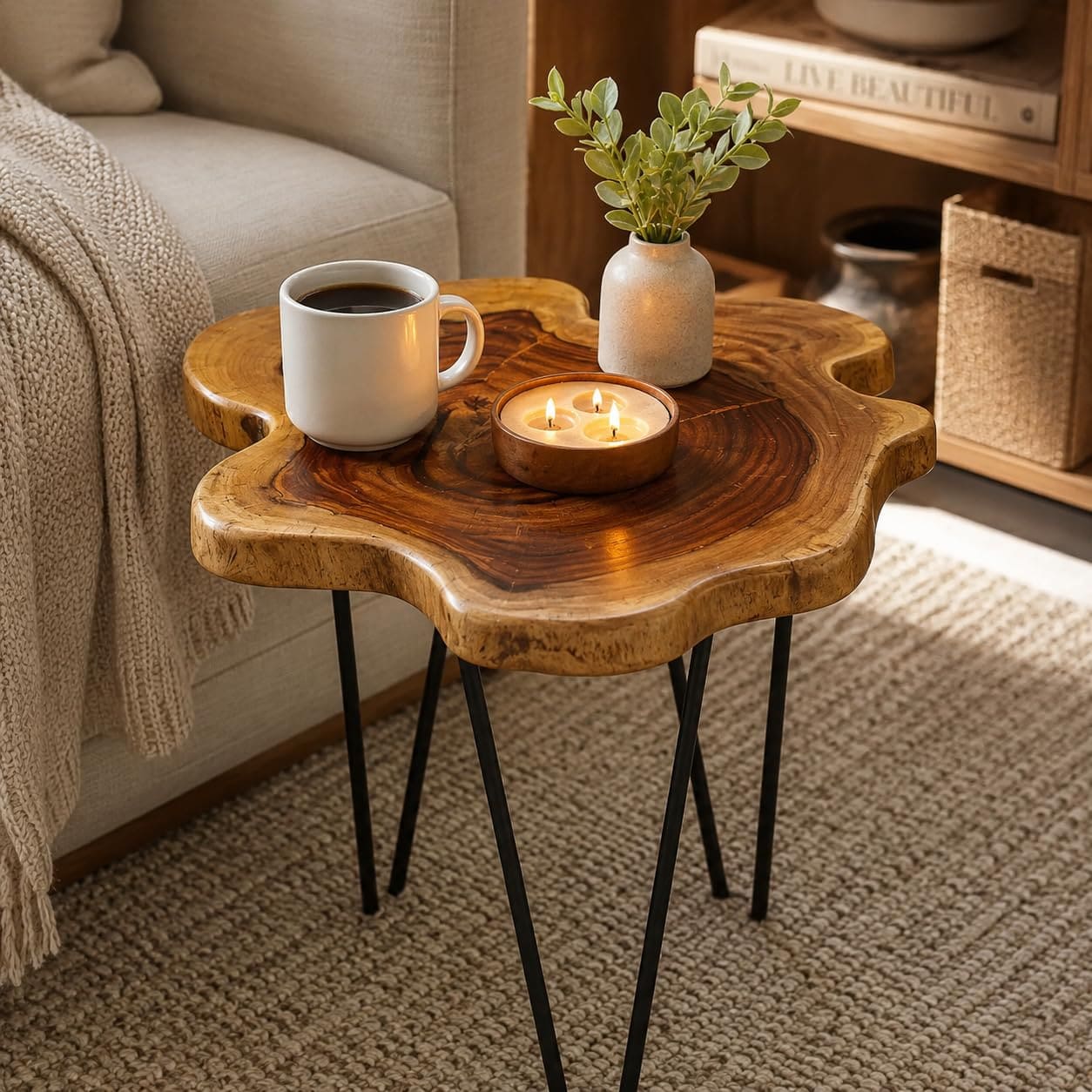 Live Edge Side Table | Sheesham Wood with Hairpin Legs (18 inch Diameter * 18 Inch Height)