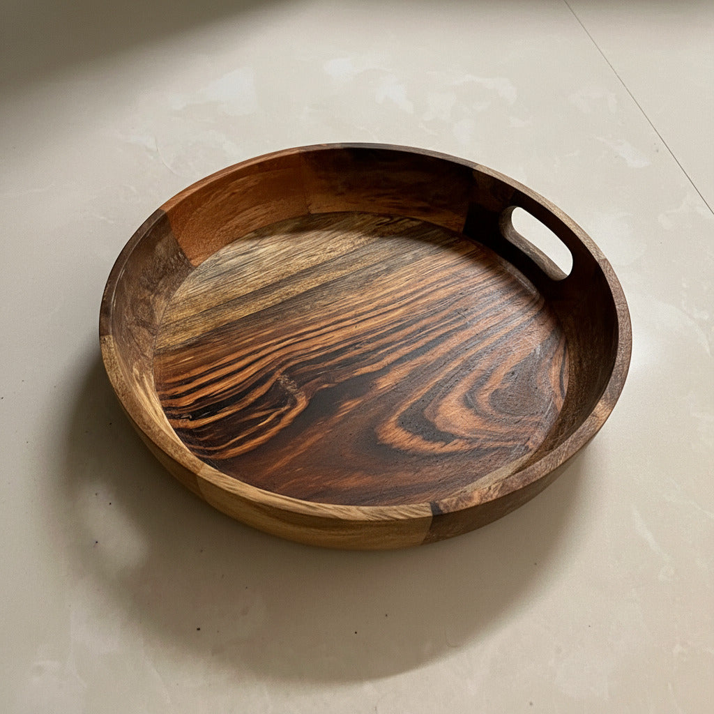 Wooden tray with handles on a light-colored floor